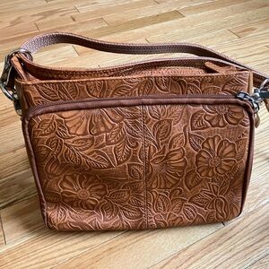 Embossed Floral Shoulder Bag in Cognac Brown